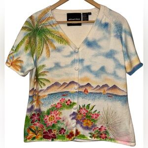 Michael Simon New York Vintage 2001 Cardigan M Beach Palm Tree Art To Wear Coast